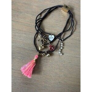 Juicy Couture Black Cord Charm Bracelet OSFM Slip On Heart Rose Love Bow Charms
